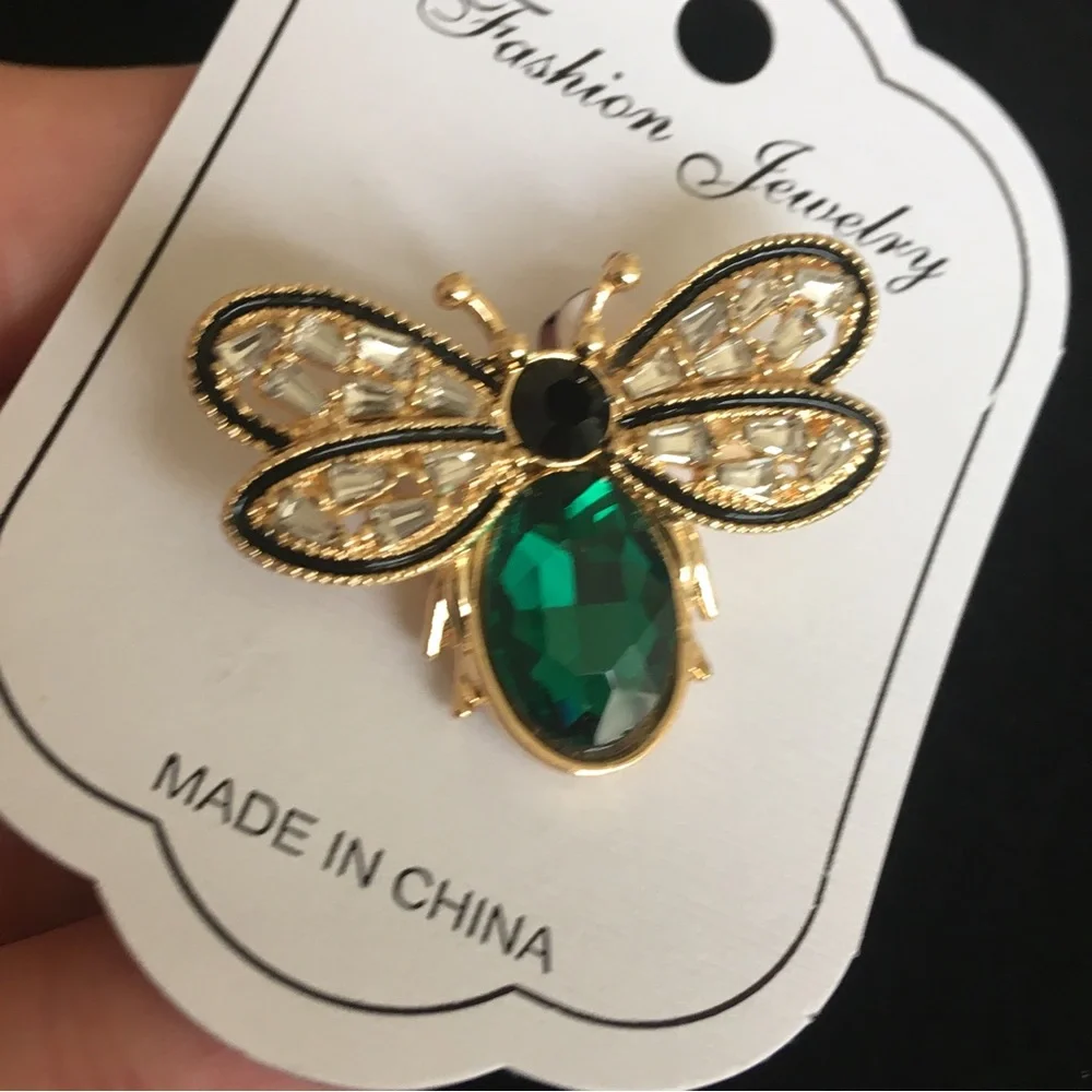 Bumblebee Green and Gold Tone Rhinestone Brooch Pin